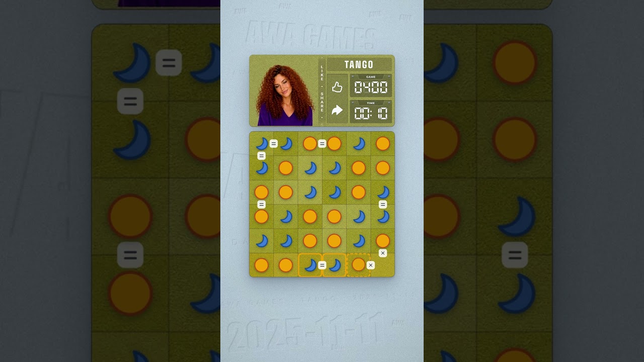 LinkedIn Tango #400 solved board for November 11, 2025, 6x6 grid