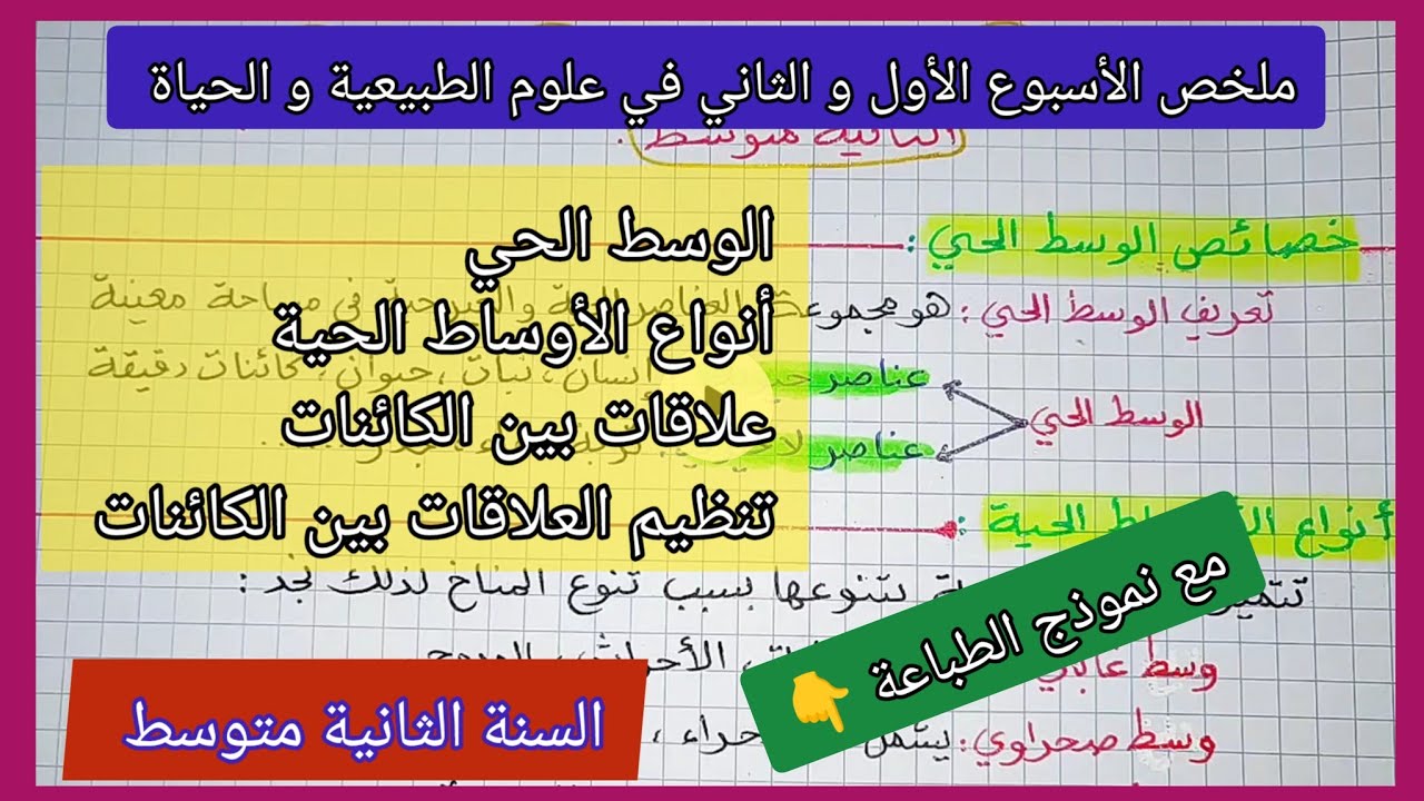 ملخص الأسبوع الأول و الثاني في علوم الطبيعية و الحياة السنة الثانية متوسط/ خصائص الوسط الحي