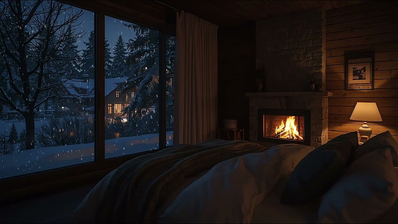 ❄️ Snow Falling Outside… Warm Fireplace Inside 🔥 Cozy Bedroom Sleep Ambience (Deep Relaxation)