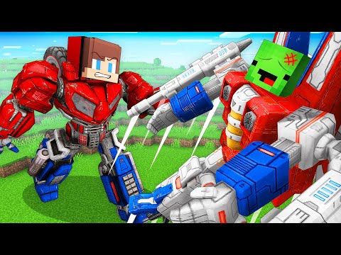 JJ KIND vs Mikey BAD Transformers Robot Battle in Minecraft - Maizen
