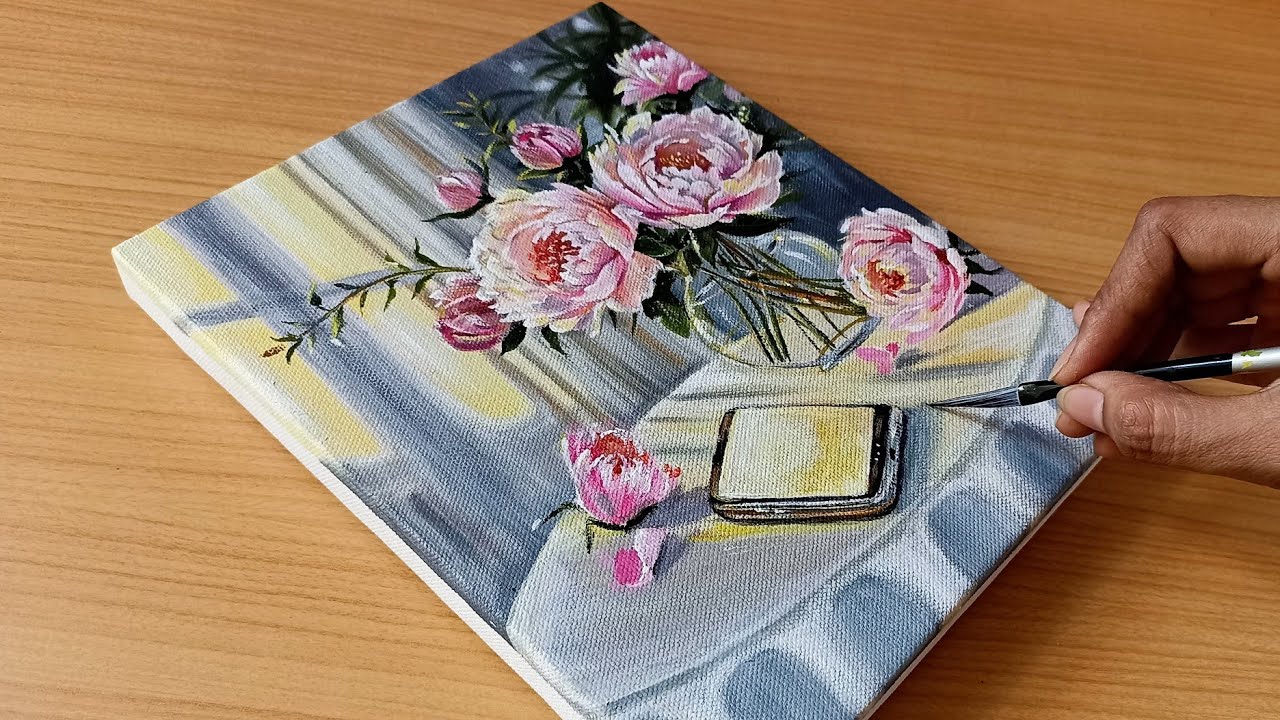 How to Draw a Beautiful Vase of Pink Peonies/Peony Flowers Acrylic