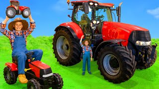 The Kids Play with a Real Tractor and Animals