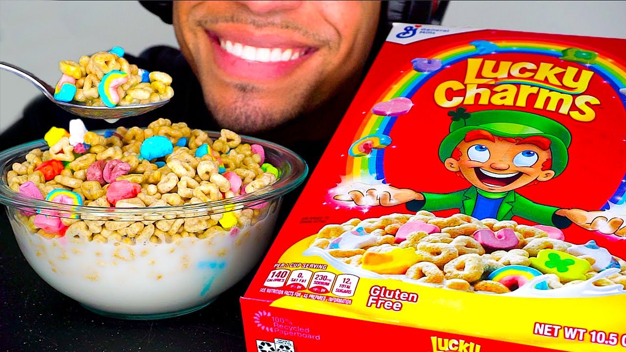 LUCKY CHARMS CEREAL MUKBANG MILK EATING MOUTH SOUNDS NO TALKING MILK SPOON