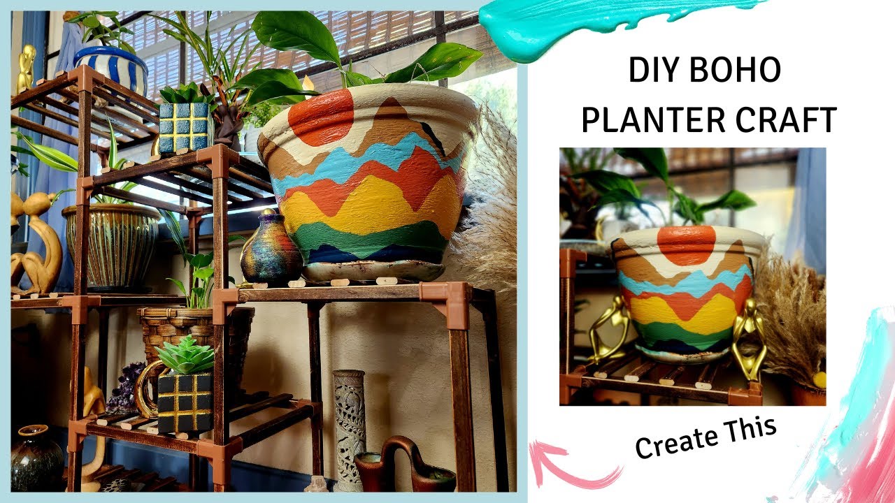 DIY Upcycle A Planter Using Salt Wash Texture and Learn to Hand Paint a  Retro Boho Landscape Design