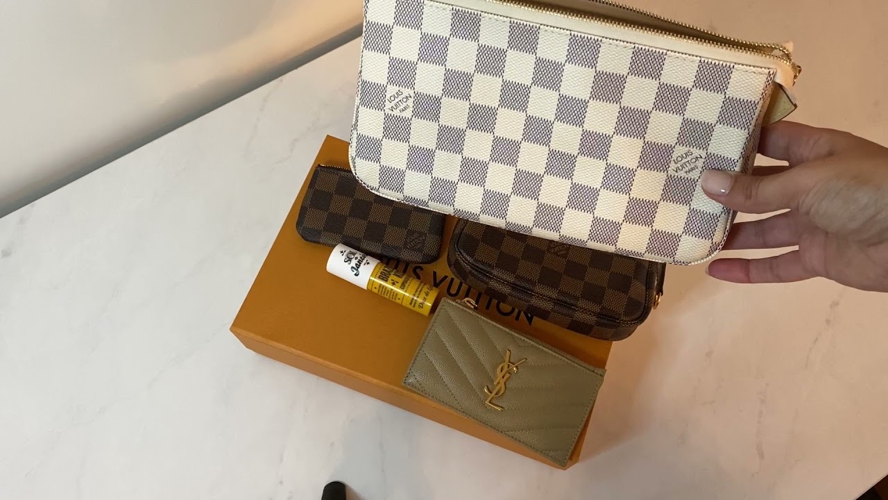 LOUIS VUITTON POCHETTE ACCESSORIES (MONOGRAM & DAMIER AZUR) UNBOXING &  COMPARISON