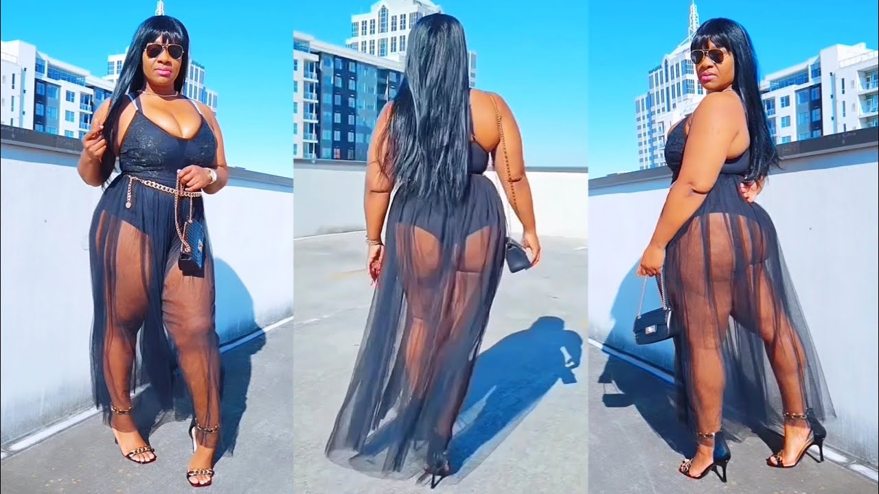Sexy Black Sheer See Through Long Party Dress Plus Size Curvy Model
