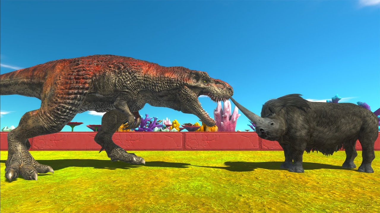 TYRANNOSAURUS REX vs WOOLLY RHINO DEATH RUN Animal Revolt Battle