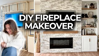 DIY ELECTRIC FIREPLACE MAKEOVER *under $900* (Stone, Mantel, & Built In Shelves)