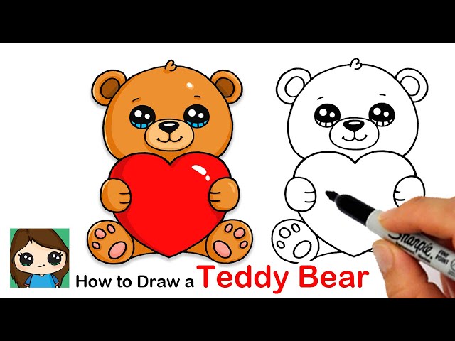 Easy How to Draw a Valentine Teddy Bear and Coloring Page