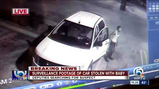 Surveillance video shows thief steal vehicle with baby inside at gas station