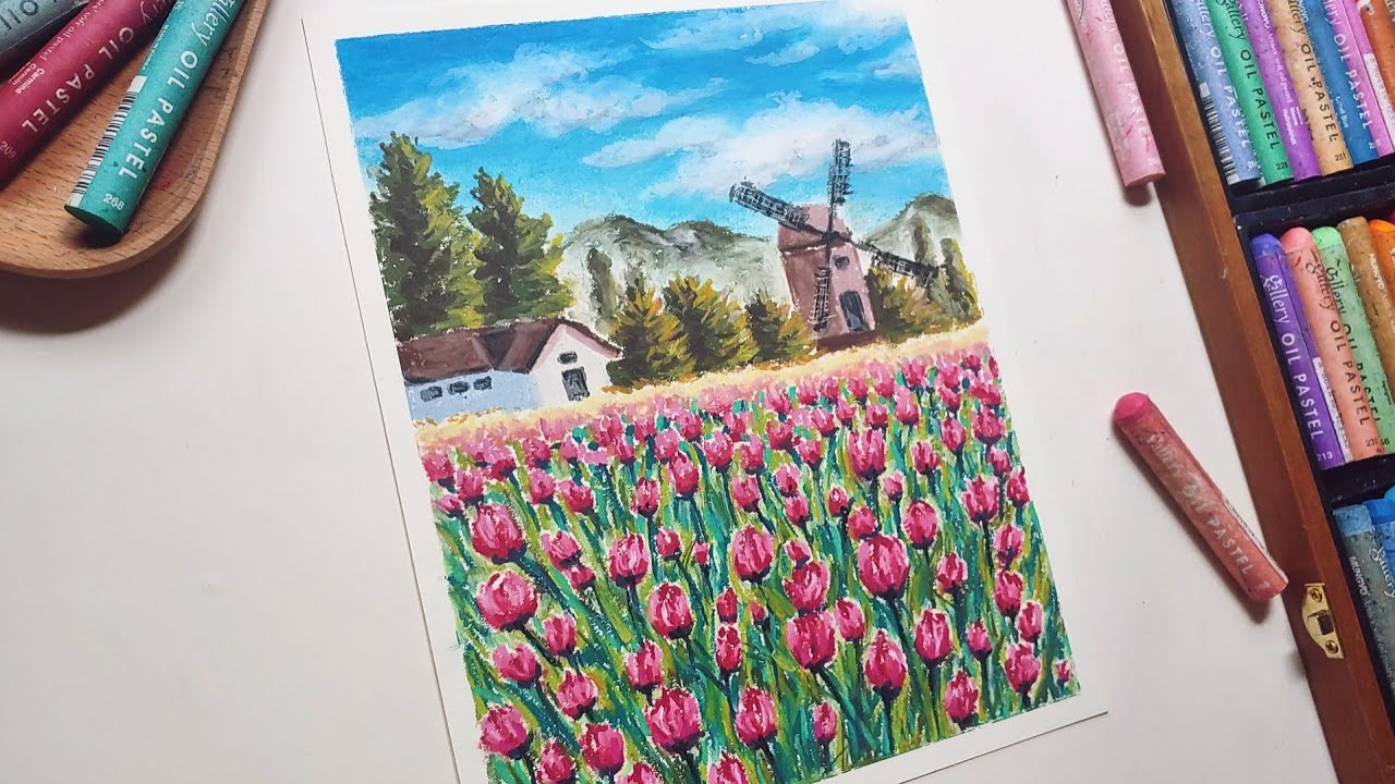 Oil Pastel landscape #44 / How to Draw Tulip Field _ Satisfying Drawing ...