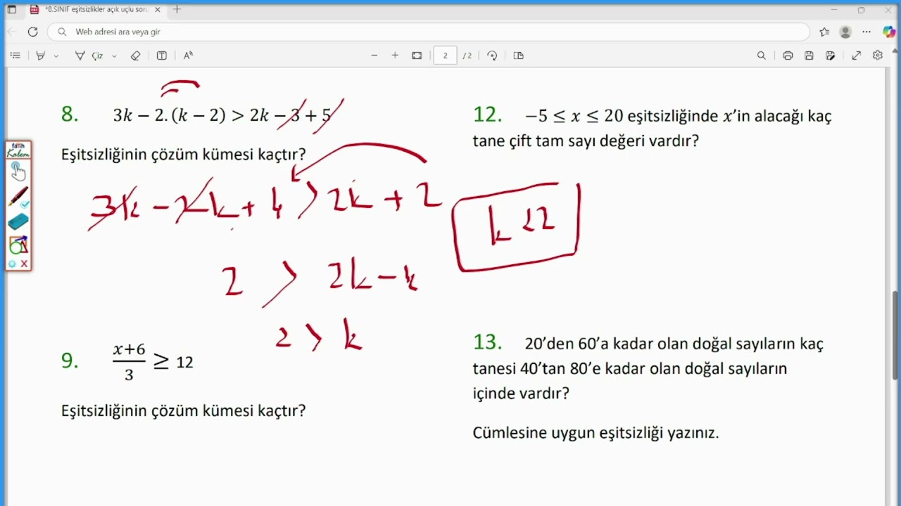 8.Sınıf Eşitsizlikler AÇIK UÇLU SORULAR 1 - YouTube