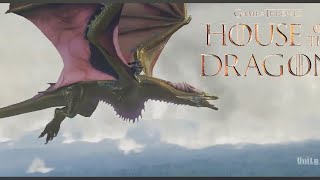 Sunfyre and king Aegon Targaryen over king'slanding|House of the dragon season 2