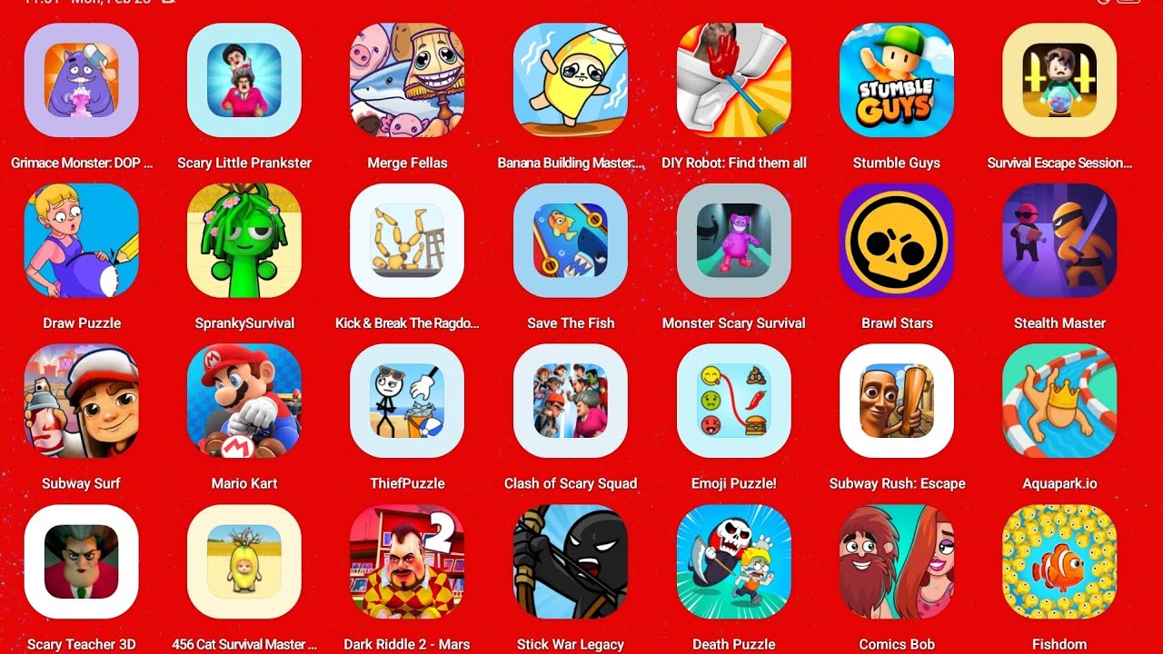 Roblox, Sprunki survival, Zombies Tsunami, Hcr 2, Super Bino Go, Banana Cat, Comic Bob, Tank Star