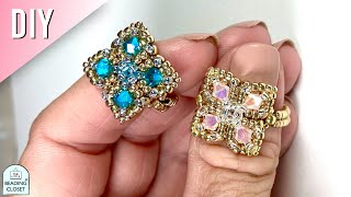 How to make a beaded ring with 4mm bicone crystals and seed beads // THE FOUR CORNERS RING