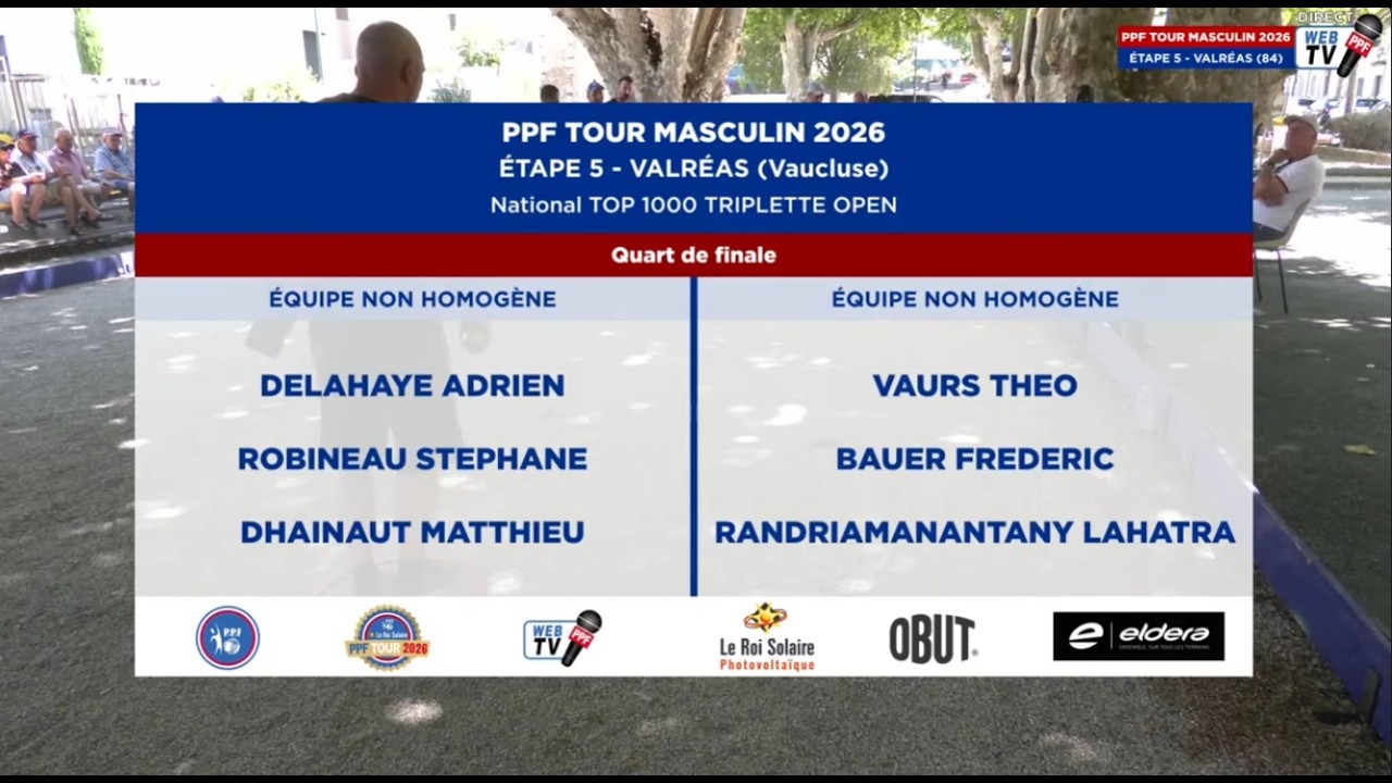 Miniature : PPF TOUR MASCULIN 2026 - Étape 5 - VALRÉAS - Quart de finale - ROBINEAU vs BAUER.
