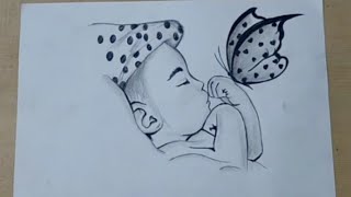 Pencil drawing of cute baby with butterfly | baby drawing ...