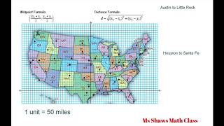 Find the Distance and Midpoint between Two Cities on US Map. Convert to Miles and Hours Traveled