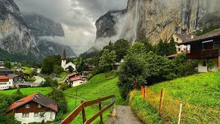 Lauterbrunnen, Switzerland  Rainy walk in the most beautiful Swiss village  Fairytale village