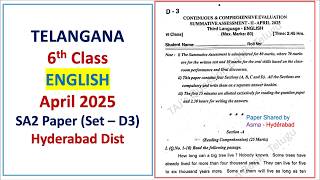 6th class SA2 English 2025 April question paper LanguageTelangana TG TS Set D3 Class 6 Hyderabad