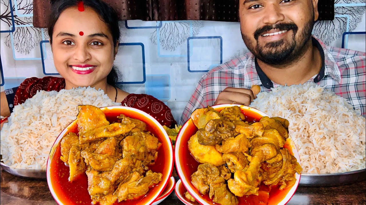 Eating rice with🔥Lal chicken curry saag fish vegetable fry Bengali food Mukbang eating show