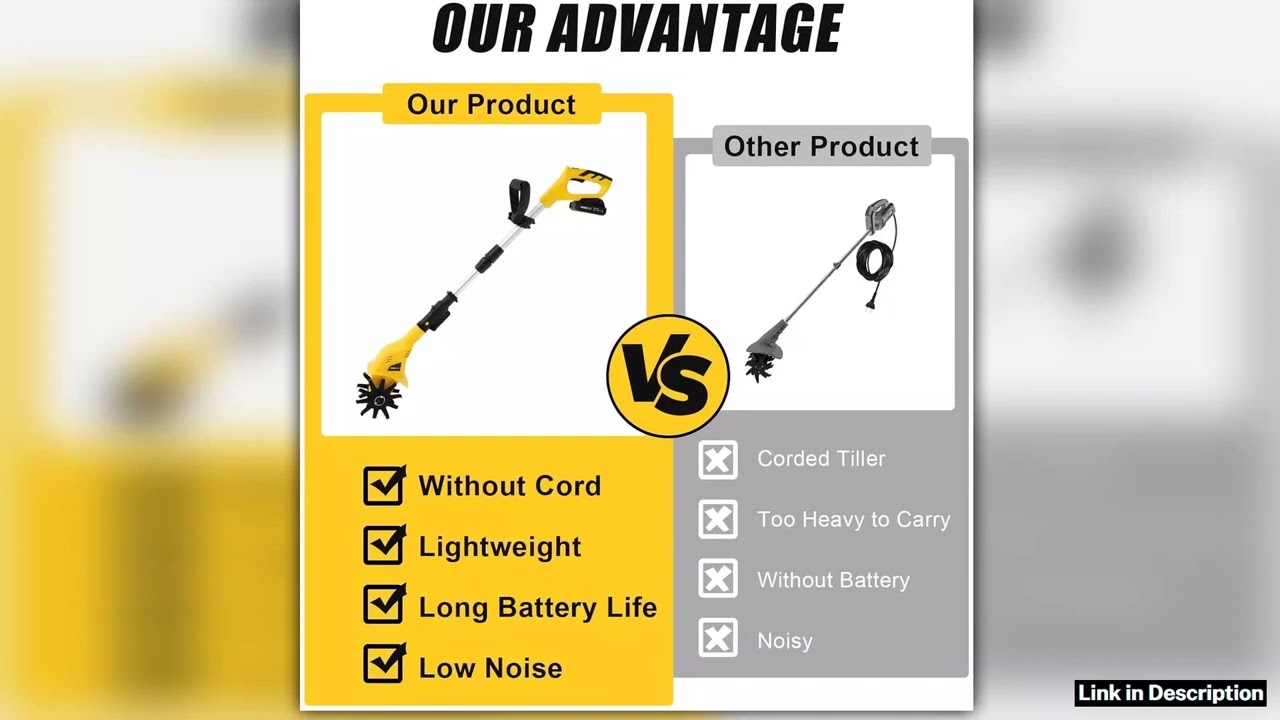 Rotary Cultivator Cordless Garden Tiller Battery Powered for Soil Mixing or Reseeding Grass 67 Inch