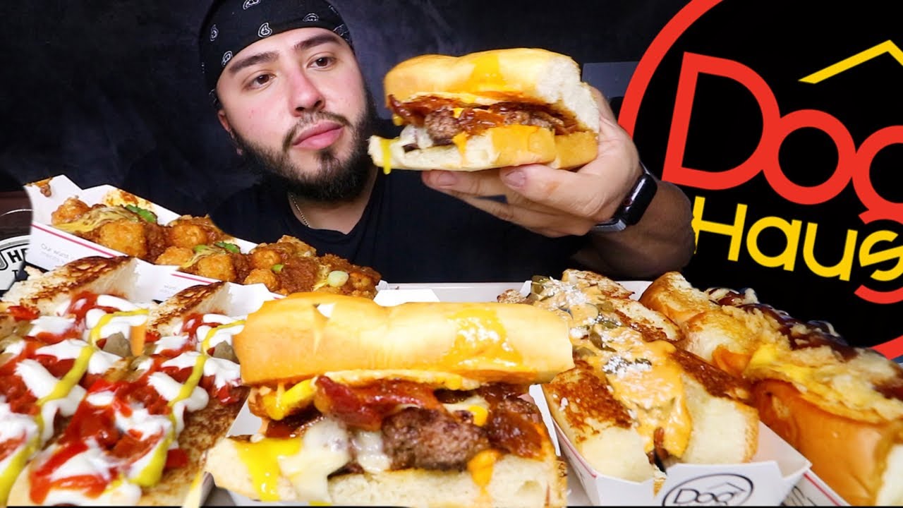 DOG HAUS MUKBANG CHILI CHEESEONION JAM BURGER + JALEPENO CHEESE ANGUS DOGS