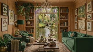 Peaceful Streamside Library Jazz 🌿 Soft Jazz Music with Books, Tea and Garden Light for Study