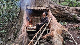 Completely build a shelter under an old tree and camp alone, Survival, fireplace  Solo bushcraft