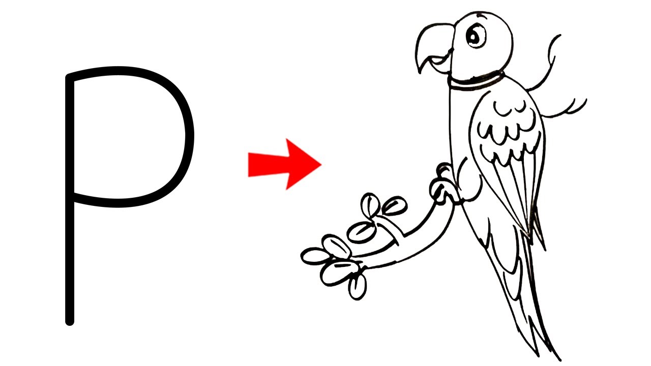 Parrot Drawing Easy / How to turn alphabet P into Parrot Drawing / Draw ...