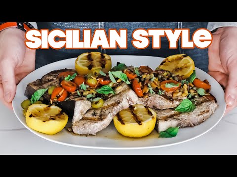 Grilled Swordfish Recipe Sicilian Style + Pan Roasted Tomato-Olive Topping