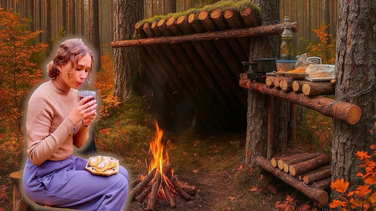 Beautiful Girl Alone in the Forest🍂Building a Cozy Bushcraft Shelter ...