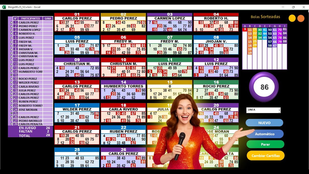 Juego de Bingo 90 Digital para PC en Excel con 28 cartones