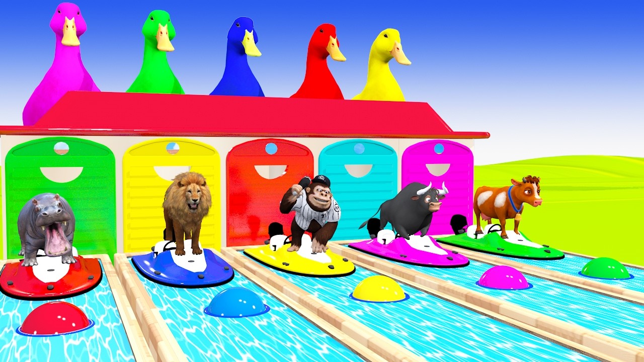 Long Slide With Cow Elephant Gorilla Hippopotamus 3d Animal Game Funny 3d Animals