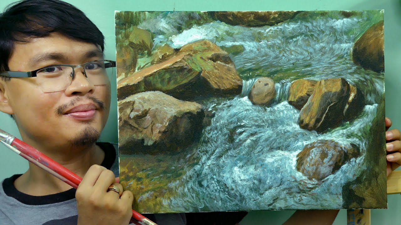 How To Paint Detailed Rocks and Rushing Water on River in Acrylics 