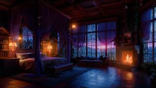 Nighttime Thunderstorm in this Cozy Castle Room with Rain and Fireplace Sounds  8 Hours