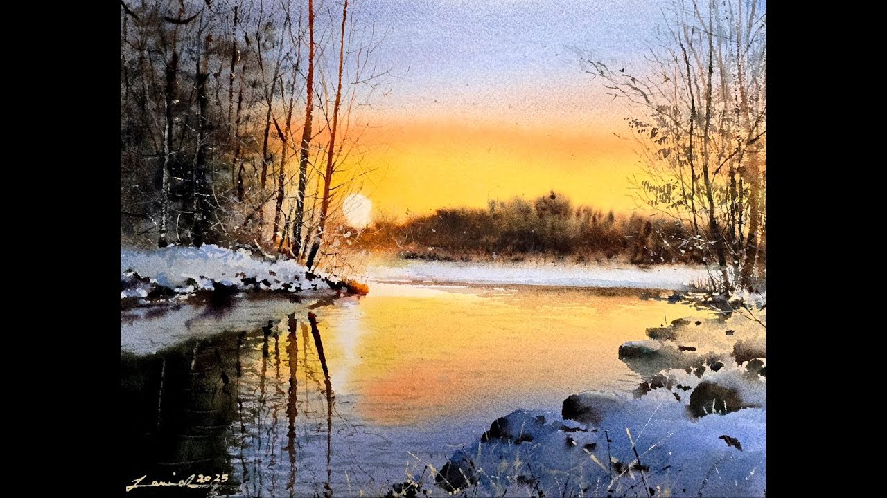 How to Paint a Winter Sunset Reflection in Watercolor