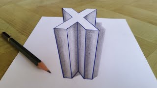 MENGGAMBAR 3D HURUF X UNTUK PEMULA DI KERTAS.