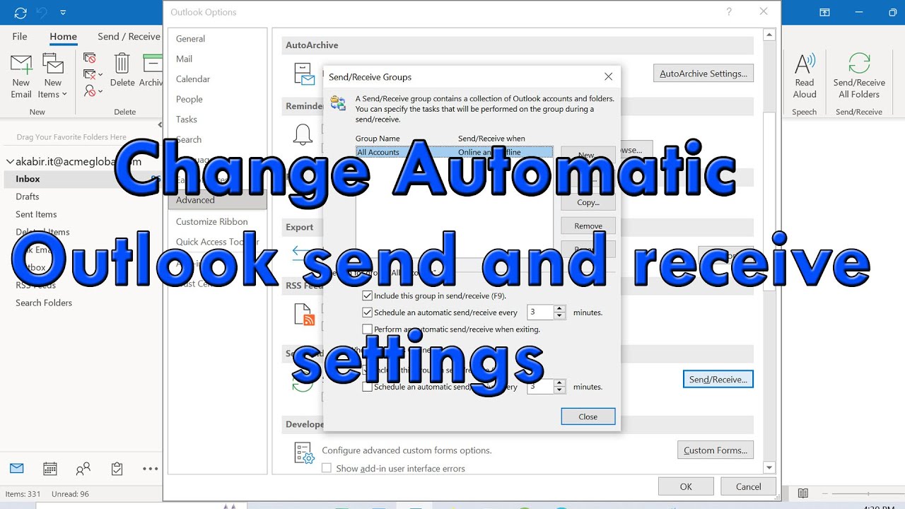 How to change automatic outlook mail send receive time settings - YouTube