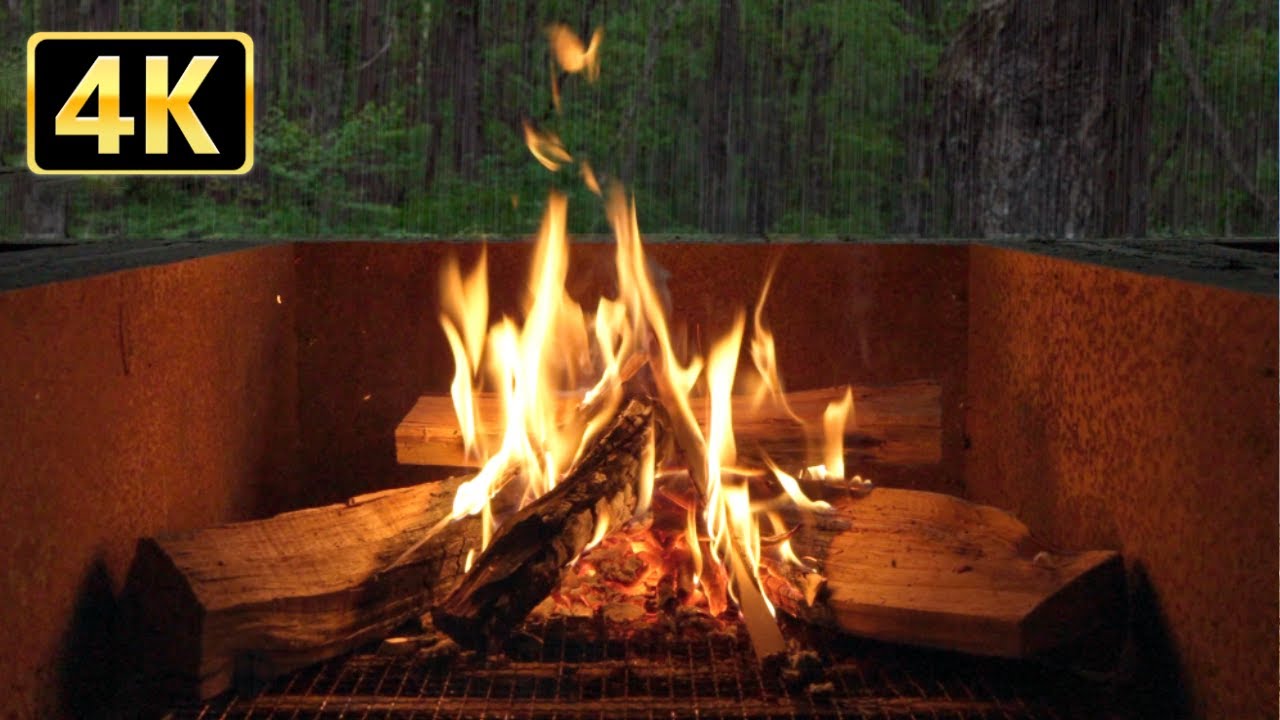4 часа отдыха с лесным огнем 4K и звуком дождя