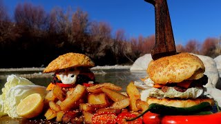 American burger King with beef and outdoors (ASMR Cooking camping HD)