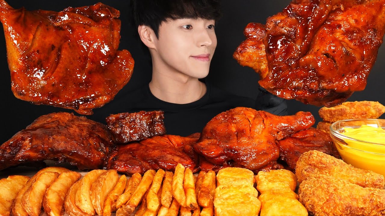 ASMR MUKBANG BBQ CHICKEN & BBQ RIBS & FRIED CHICKEN & FRENCH FRIES & CHICKEN NUGGETS