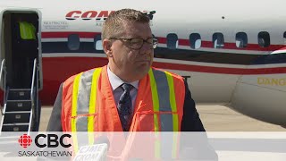 Premier Scott Moe speaks to reporters about new airplanes and the prime minister's visit to Sask