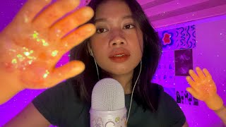 asmr face touching w/ glittery tiny hands (words repetition, mouth sounds) with bgm 🎵