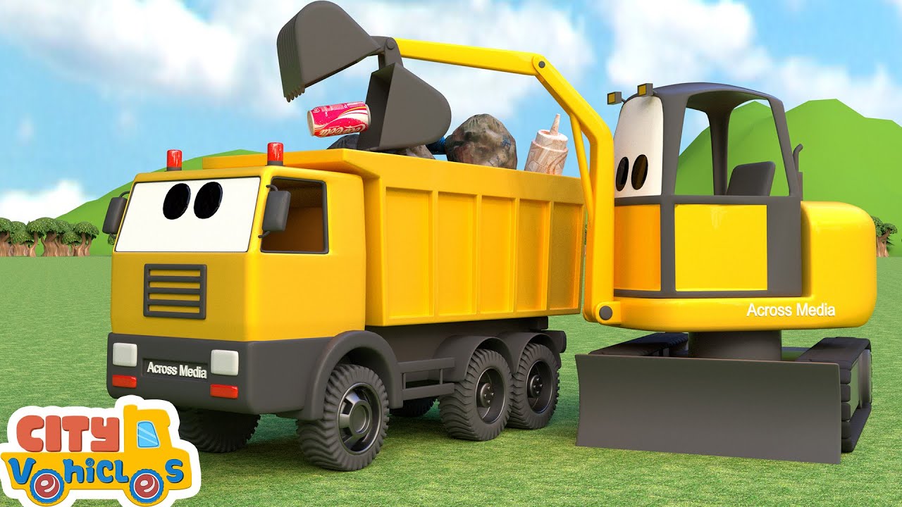 Construction vehicles repair tractor-Excavator, crane truck and Bulldozer for Kids.