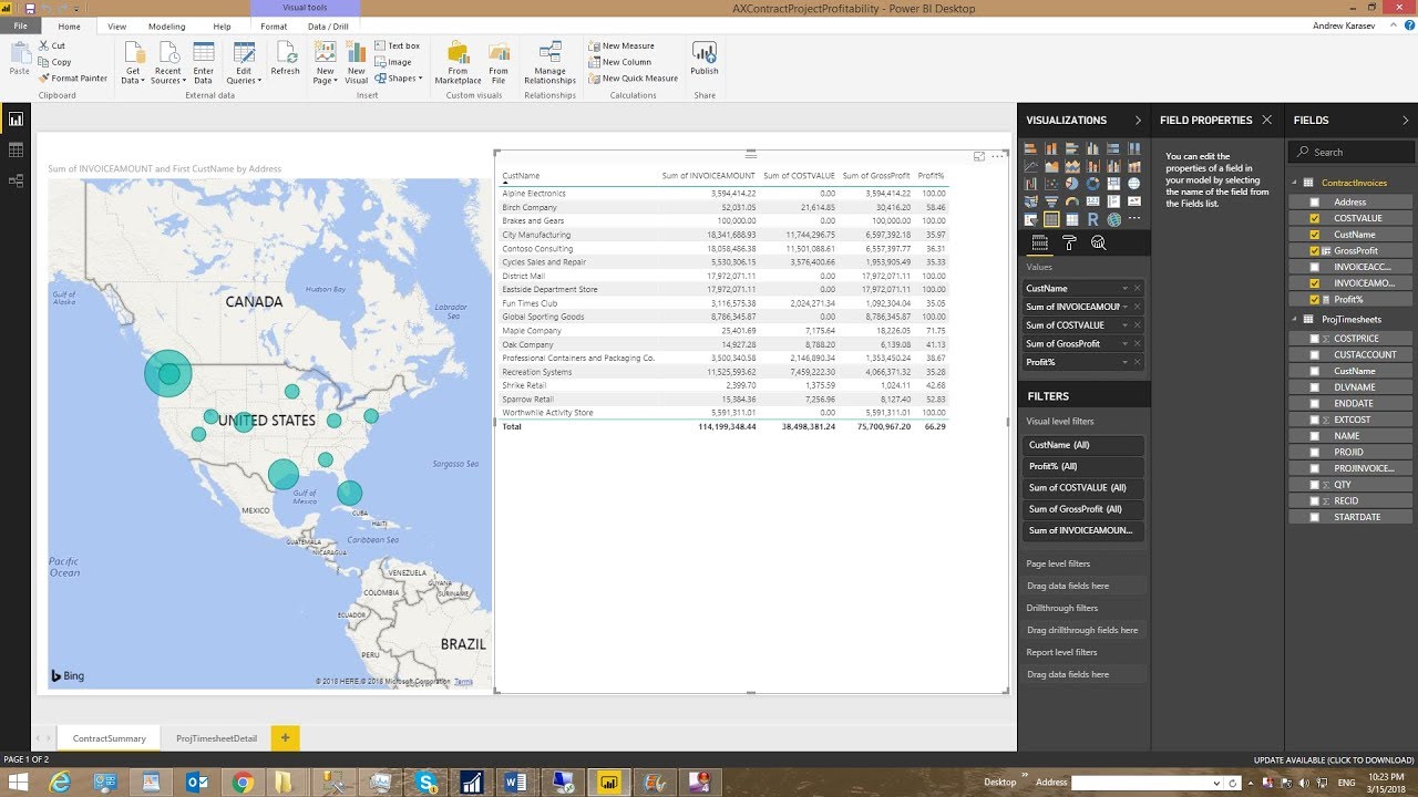 Dynamics 365 AX Power BI Project Module Sales and drill through to Timecards and Fees