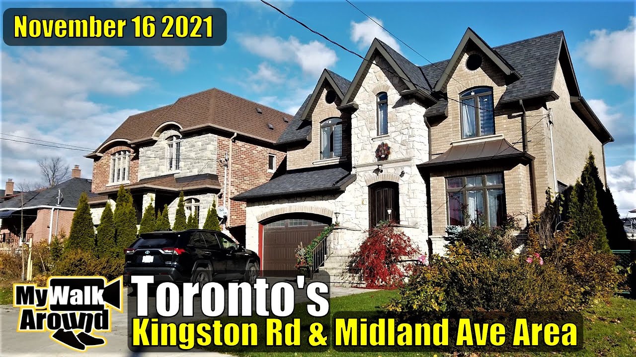 Plazas and houses in Toronto's Kingston Road and Midland Ave area on a