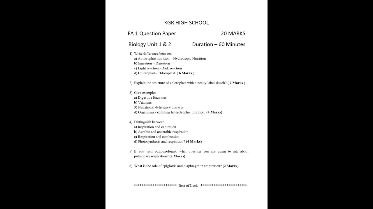 10th class biology FA 1 question paper SSC Board Telangana.