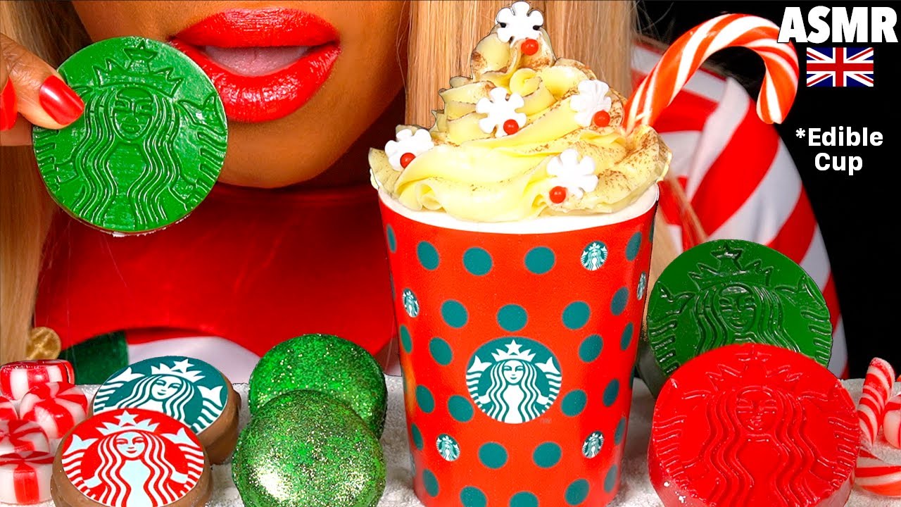 ASMR EATING EDIBLE STARBUCKS CUP CAKE , *CHRISTMAS EDITION* CANDY CANE, MACARON, OREO,  MUKBANG 먹ᄇ
