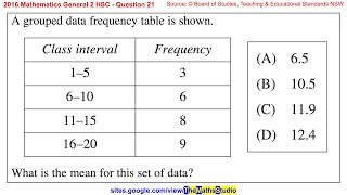 2016 Maths General 2 HSC Q21 How to find the mean from a grouped data frequency table in statistics